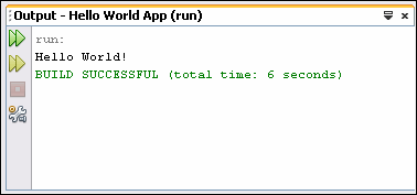 The program prints "Hello World!" to the Output window (along with other output from the build script).