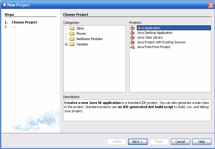 NetBeans IDE, asistente New Project, p&aacute;gina Choose Project.